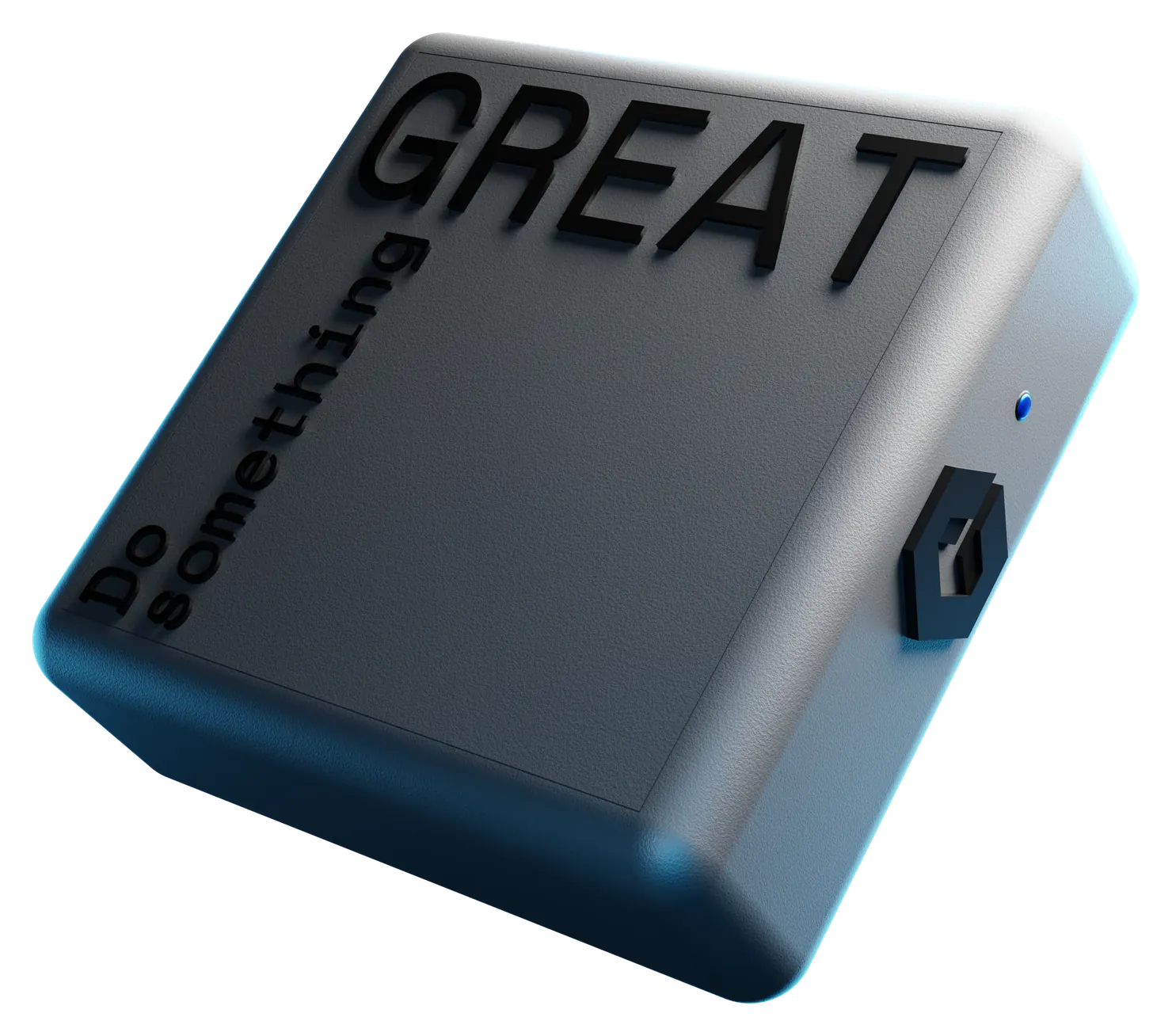 Render of FocusField in perspective: a rounded matte body embossed "Do something GREAT", with a blue status light.