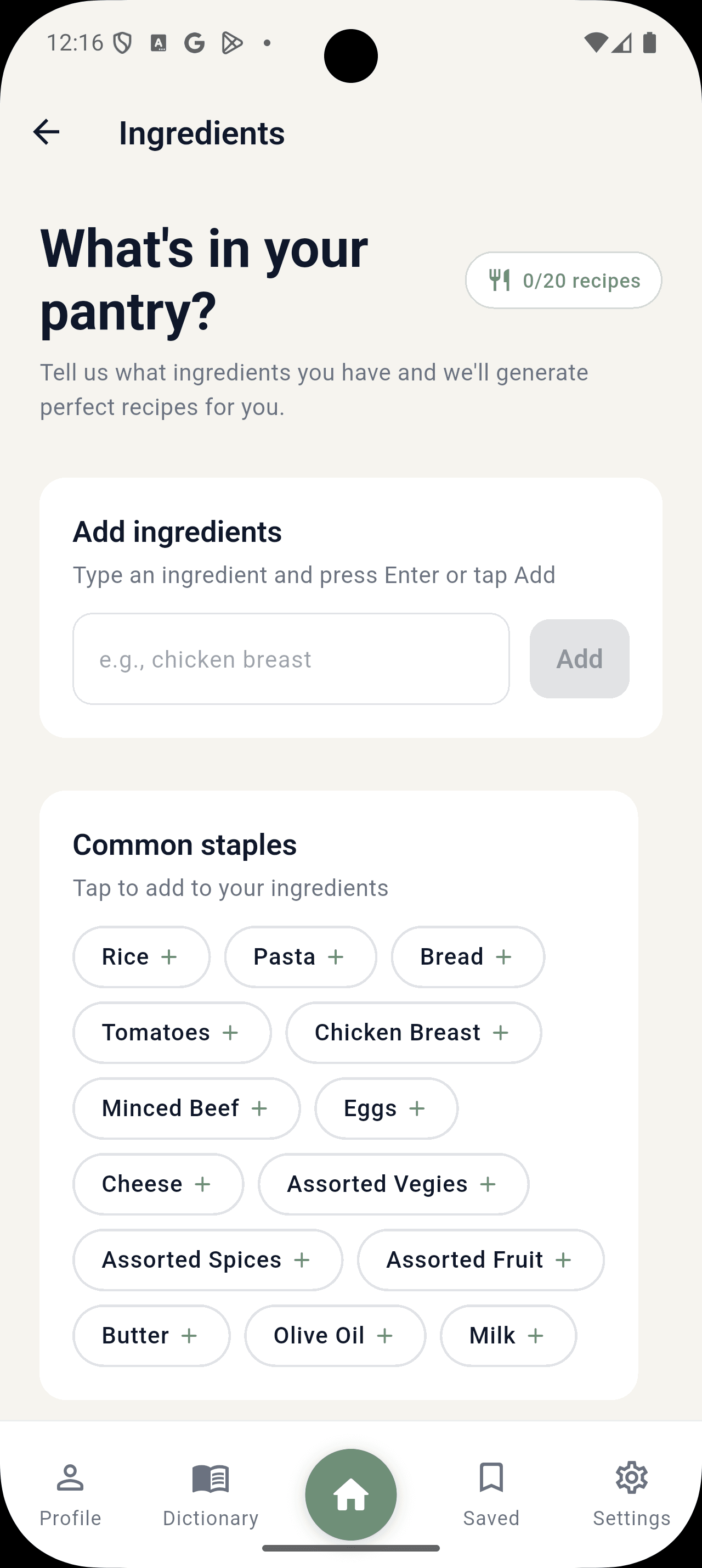 PantryPal ingredients screen with common-staples chips