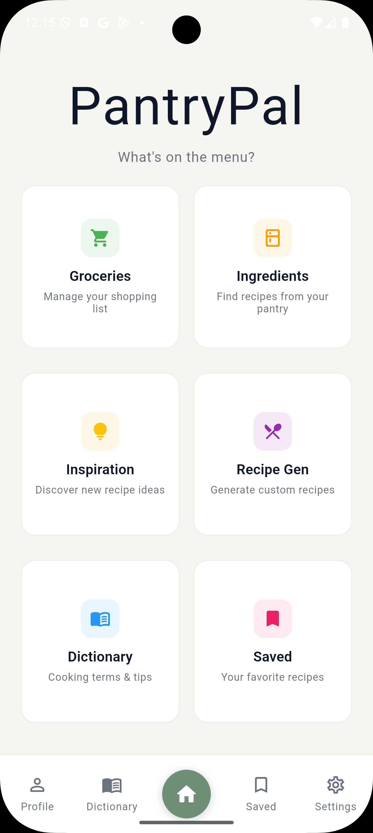 PantryPal home screen with six feature tiles