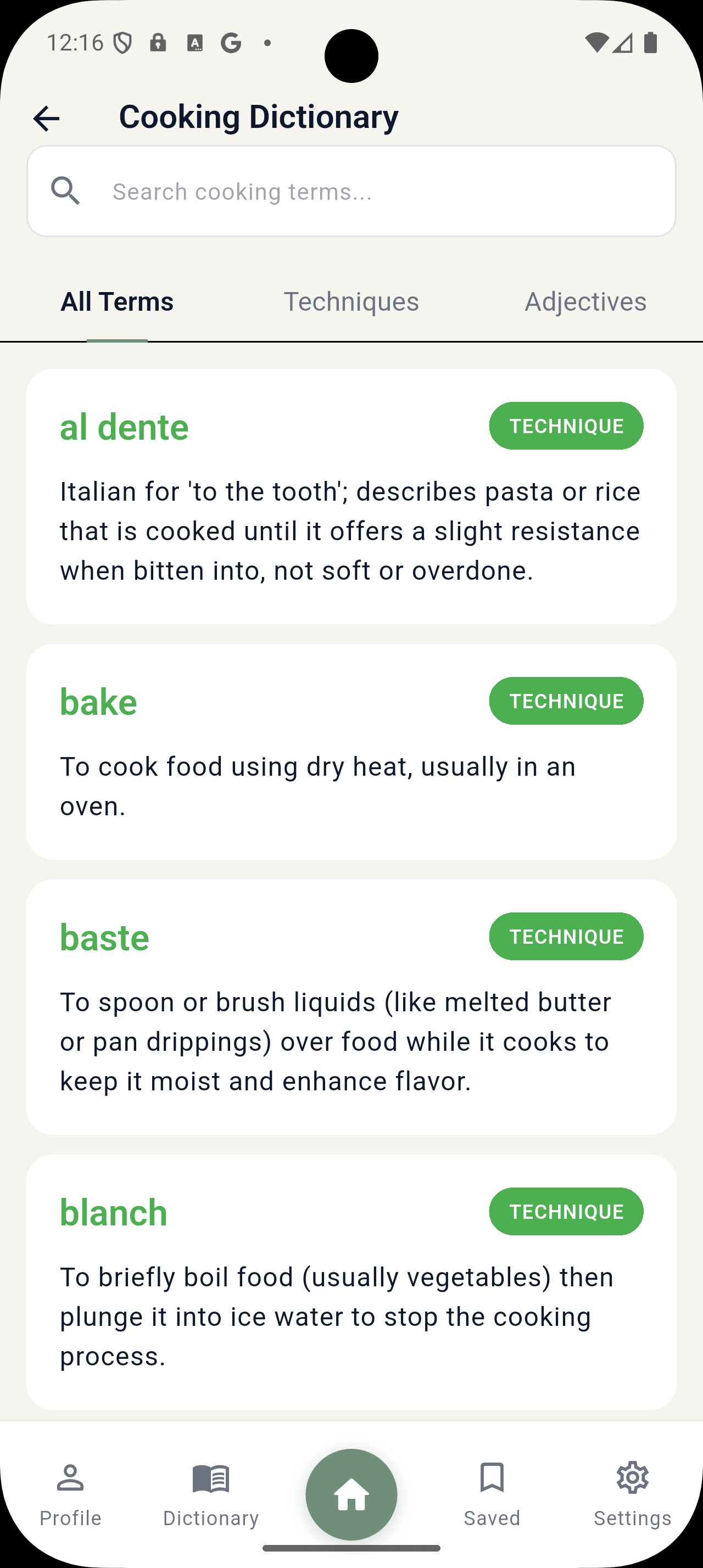 PantryPal cooking dictionary screen