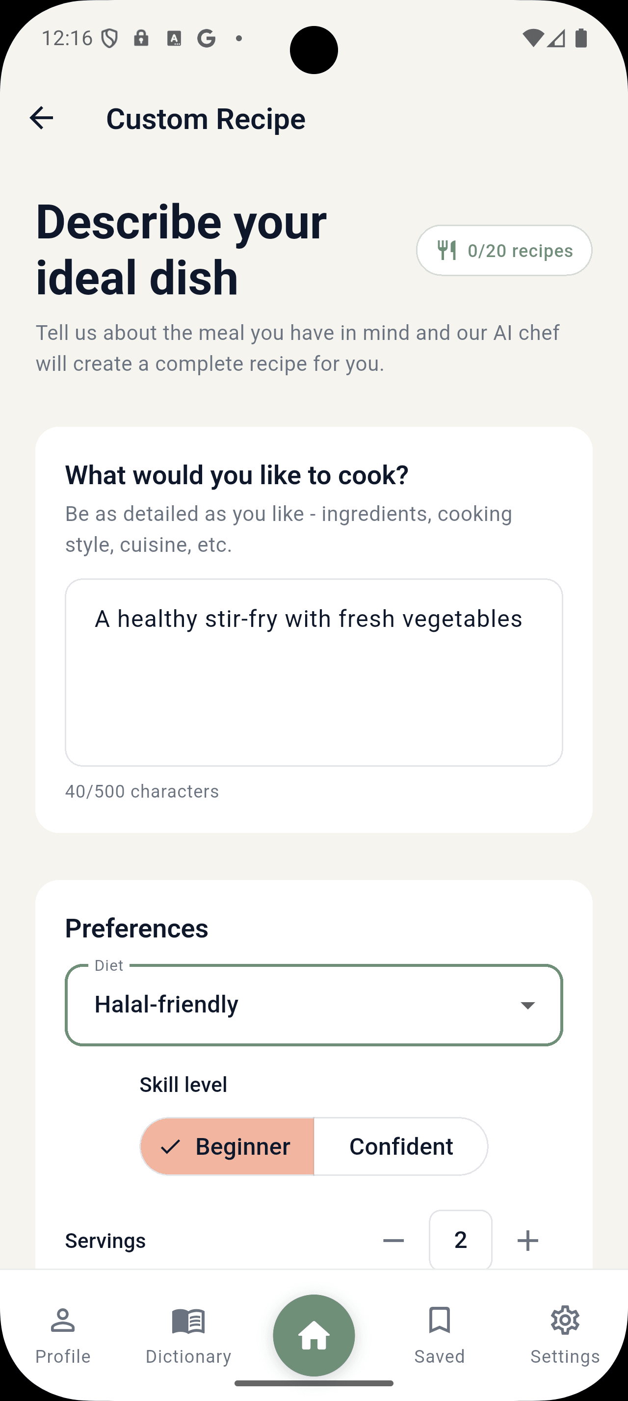 PantryPal custom recipe screen with preferences