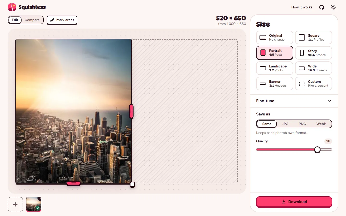 The Squishless app with a city skyline resized from 1000 × 650 to a 4:5 portrait, size presets on the right.